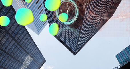 Image of moving clock, green stains and digital brain over cityscape