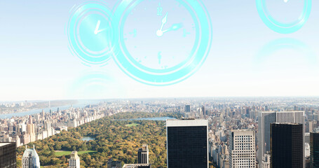 Image of moving clocks over cityscape