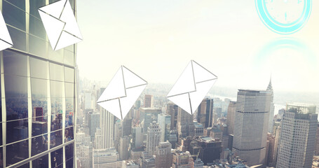 Image of moving clock and social media icons over cityscape