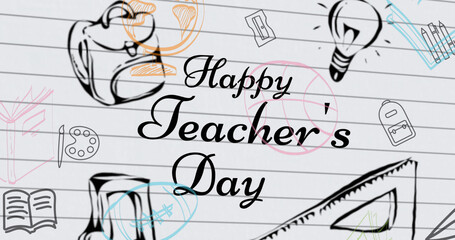 Image of happy teacher's day over school items icons on white background