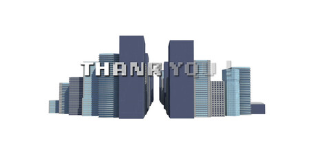 Image of thank you text in white letters over cityscape on white background