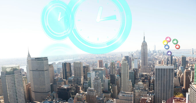 Image of moving clocks and social media icons over cityscape - Powered by Adobe