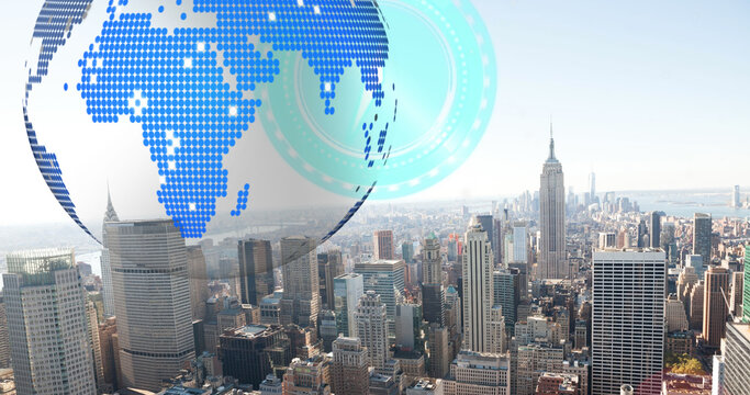 Image of moving clocks and globe over cityscape - Powered by Adobe