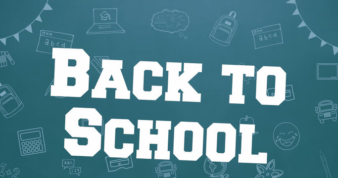 Image of back to school text over school items icons on green background