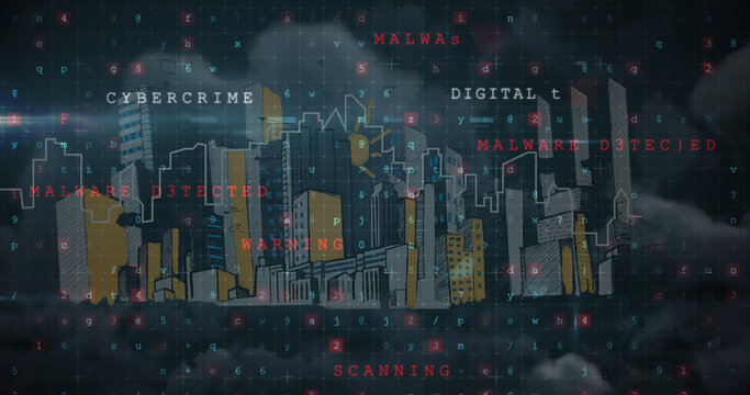 Image of cyber crime text over cityscape