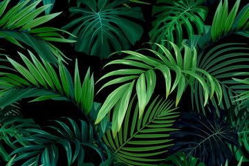 Seamless hand drawn tropical vector pattern with monstera palm leaves on dark background. - 508668719