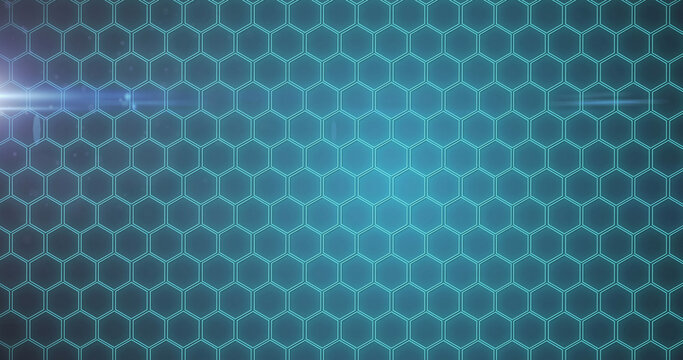 Image of light spots and hexagons on blue background