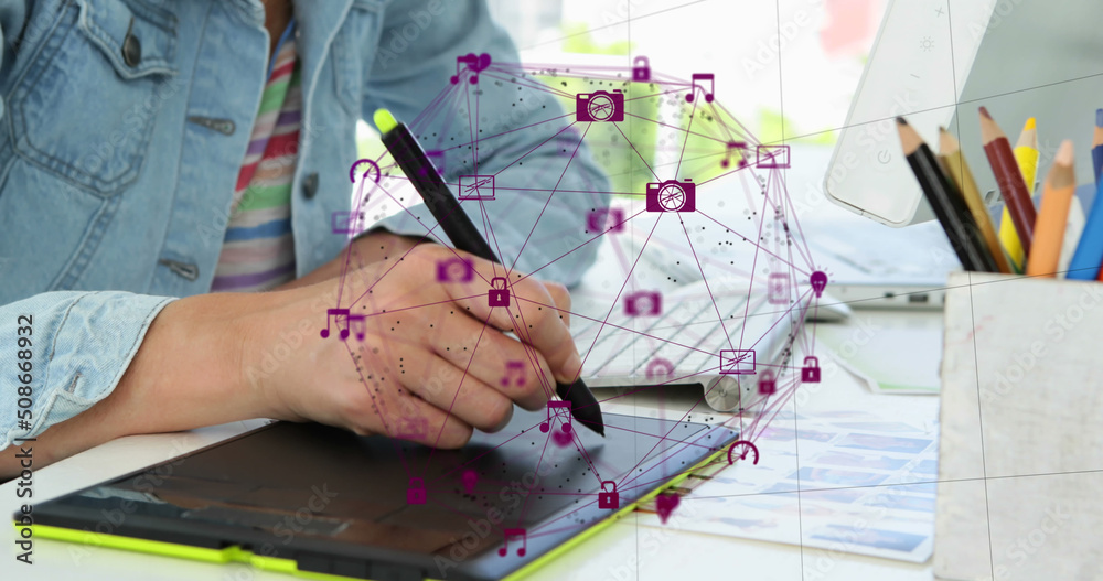 Poster digital composite image of network of connection with interface icons forming a globe against person