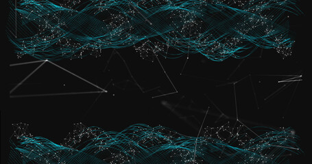 Glowing waves and Web of connections against black background