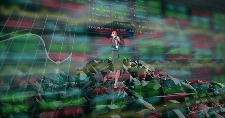 Stock market data processing against businesswoman holding an umbrella