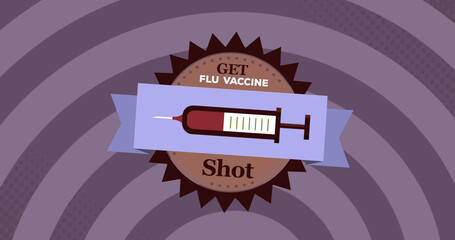 Digital image of get flu vaccine shot text banner with syringe icon on purple spiral background