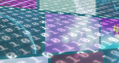Image of binary coding and data processing on screens