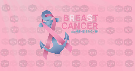 Image of breast cancer awareness text over pink breast cancer ribbons