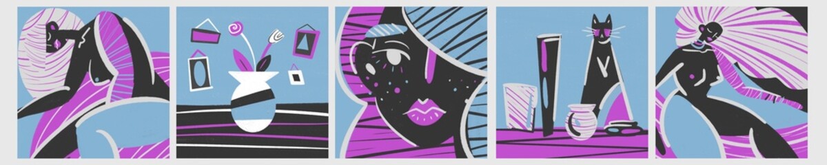 A set of raster illustrations depicting an abstract girl in bright colors. Pencil style, hand drawing. Conceptual Art about feminism, society, relationships and support. Drawing a girl in the interior