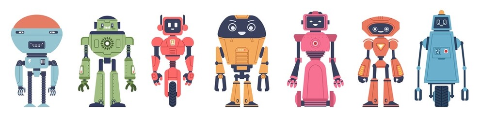 Set of funny robots. Flat cartoon vector illustration on isolated white background