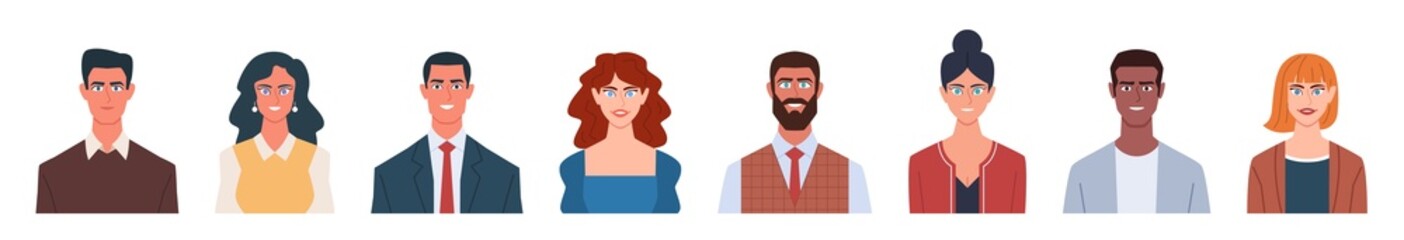 Set business portraits of multinational people different ages. Flat cartoon vector illustration on isolated white background