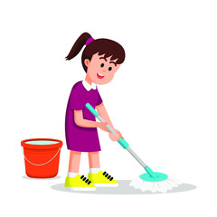 a little girl mopping the floor which is a routine job at home