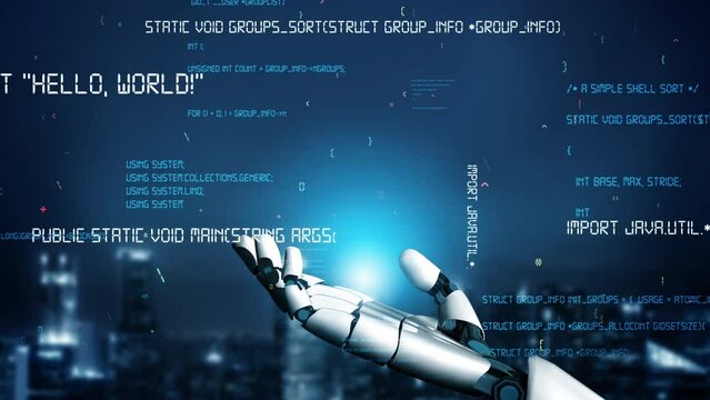 Futuristic robot artificial intelligence revolutionary AI technology development and machine learning concept. Global robotic bionic science research for future of human life. 3D rendering graphic.