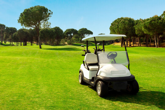 Golf cart in fairway of golf course with green grass field with blue sky and trees