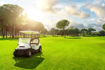 Poster Golf cart in fairway of golf course with green grass field with cloudy sky and trees at sunset © SDF_QWE