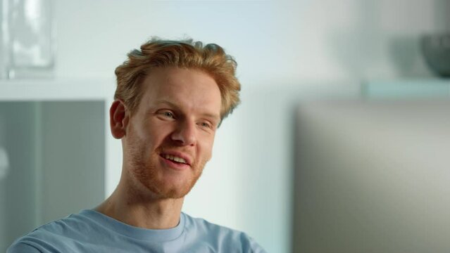 Freelancer talk job interview remotely closeup. Focused manager have video call