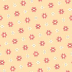 Cute small white pink flowers motif doodle shapes pattern continuous classic background. Modern decoration ditsy floral fabric design textile swatch all over print block.