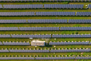 Aerial photograph of a field of solar panels