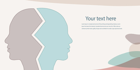 Metaphor bipolar disorder mind mental. 2 Head silhouette. Double face. Concept mood disorder. Split personality. Psychology. Dual personality concept. Mental health. Banner copy space