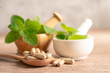 Alternative medicine herbal organic capsule with vitamin E omega 3 fish oil, mineral, drug with herbs leaf natural supplements for healthy good life.