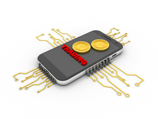 3d rendering mobile phone with gold coin
