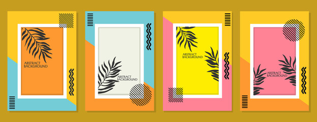 set of framed cover designs with palm leaf silhouette elements. pastel color aesthetic background design