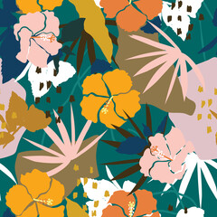 Colorful and bright summer Silhouette Abstract seamless pattern with leaves and flowers Background with florals vector