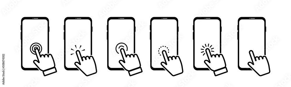 Poster touch screen smartphone icon set. hand click on smartphone. clicking hand pointer on the display pho