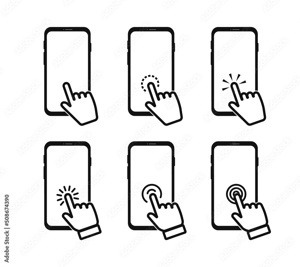 Poster touch screen smartphone icon set. hand click on smartphone. clicking hand pointer on the display pho