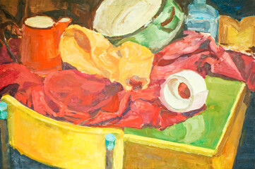 Still life painting with teapot, chair, tablecloth and pot. Oil on canvas.