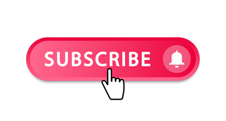 Subscribe button. Clicking red subscribe button with bell and hand cursor. Subscription to the channel or blog. Social media concept. Vector illustration.