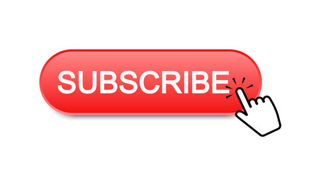 Subscribe button. Clicking red subscribe button with bell and hand cursor. Subscription to the channel or blog. Social media concept. Vector illustration.