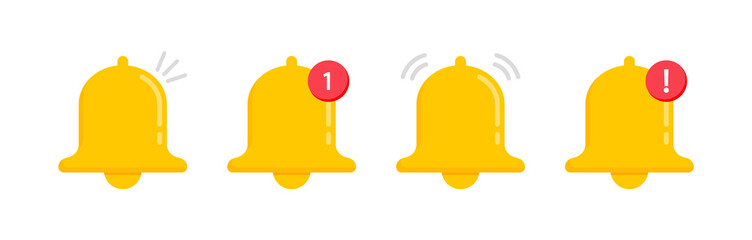 Notification bell icon set. Message bell icon. New notification, reminder. Bell for subscribe, alarm and push chat alert. Design element for social media, mobile app, UI and web design.