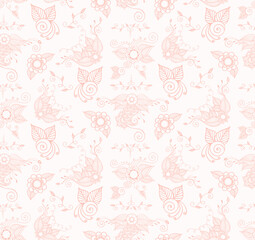 Floral pink Indian mehndi seamless pattern. Hand drawn paisley doodles vector illustration