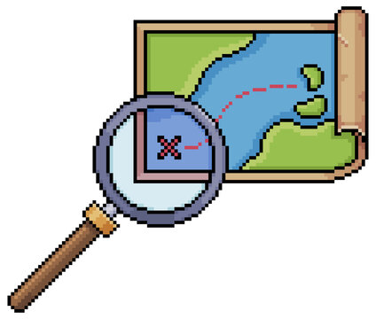 Pixel Art Treasure Map And Magnifying Glass Vector Icon For 8bit Game On White Background
