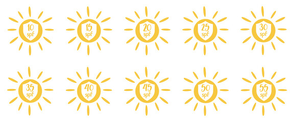Set of simple flat SPF sun protection icons for sunscreen packaging. SPF 10, 15, 20, 25, 30, 35, 40, 45, 50, 55 UV protection for skin. Vector