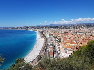 Fototapeta na wymiar View of Nice from the Chateau hill, Promenade des Anglais, Cote d'Azur, French riviera, Mediterranean sea, France