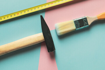 Work items on two-tone table, isolated on background