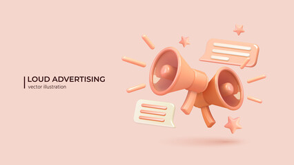 Marketing or advertising concept, 3d megaphone loudspeaker in realistic cute cartoon style. Vector illustration - obrazy, fototapety, plakaty