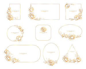 Set of elegant golden floral logo elements Frame corners and branch Boho Hand 