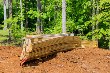 Framing of under construction wooden house building frame structure on a new development