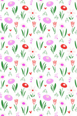 vector pattern with pink and green flowers. print for textile of simple shapes and line in cartoon style. 