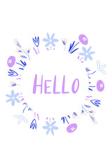 Obraz premium floral illustration template with greeting for invitations, cards, background. vector round frame with flowers in blue and purple colors. 