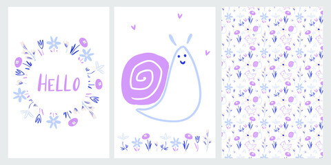 Set of vector cards for kids with snail and floral patterns. Cute snail and flowers for postcards. Poster templates for printing 
