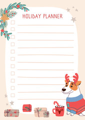 Festive design of a winter glider in a flat style. The glider is decorated with a funny dog in a Christmas sweater and deer antlers. Vector Christmas background for records.